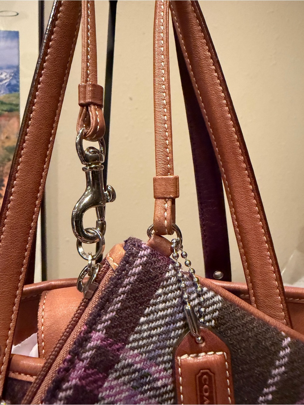 Vintage Coach Hampton Tartan Wool Tote Bag & Wristlet Set Purple Plaid EUC - Picture 14 of 16